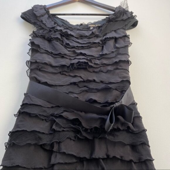Tadashi Shoji Black Tiered Dress Mini Ribbon Belt Ruffle Dress Women Size 4 - Picture 4 of 6
